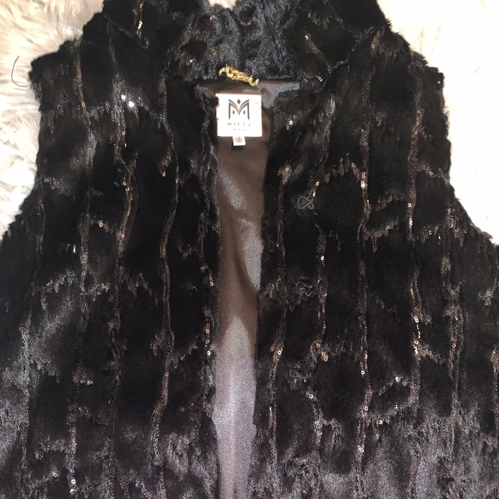 Milly Minis Girls Black Faux Fur and Sequin Vest